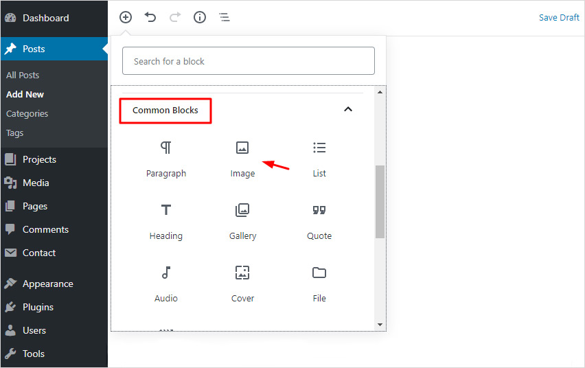 How to insert an image block in the WordPress Gutenberg editor.